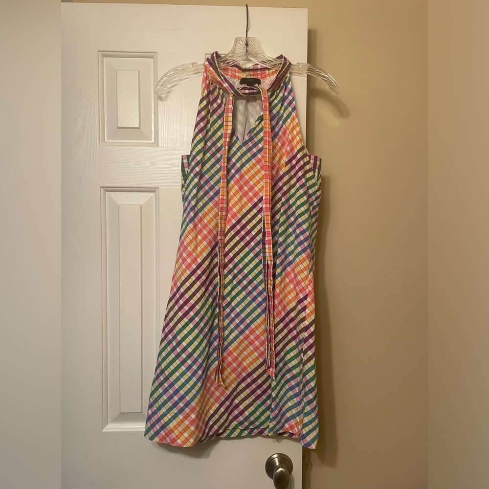 J.Crew Women’s Size 0 Tie-Neck Rainbow Gingham Knee Length A-Line Dress